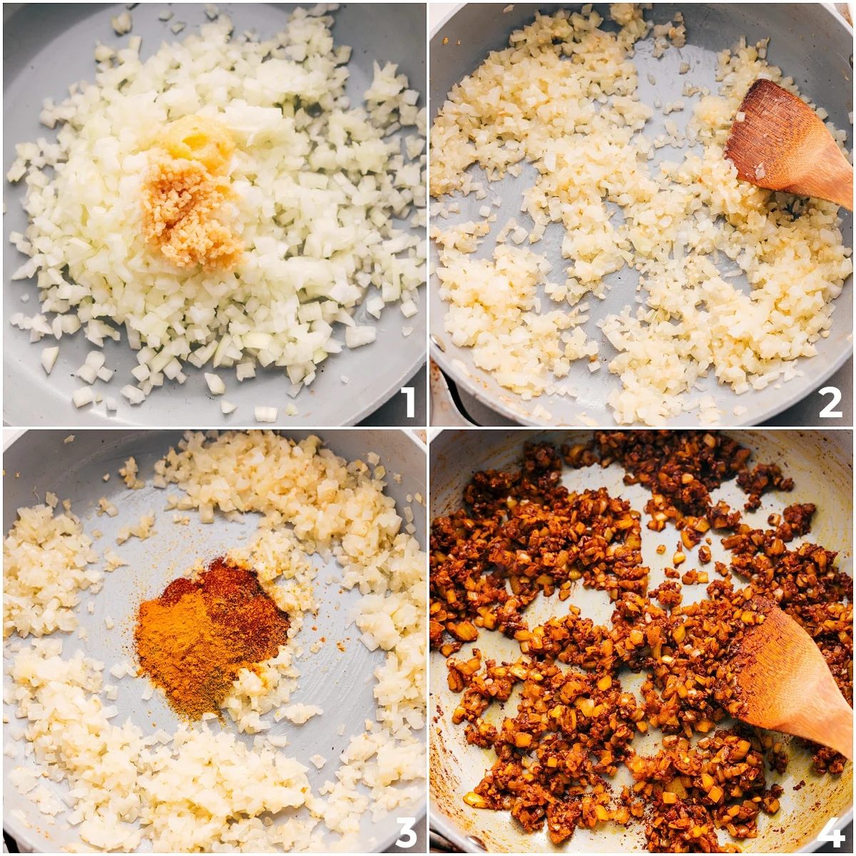 Onions are sautéed with garlic, ginger, and spices, creating a flavorful base for the slow cooker.