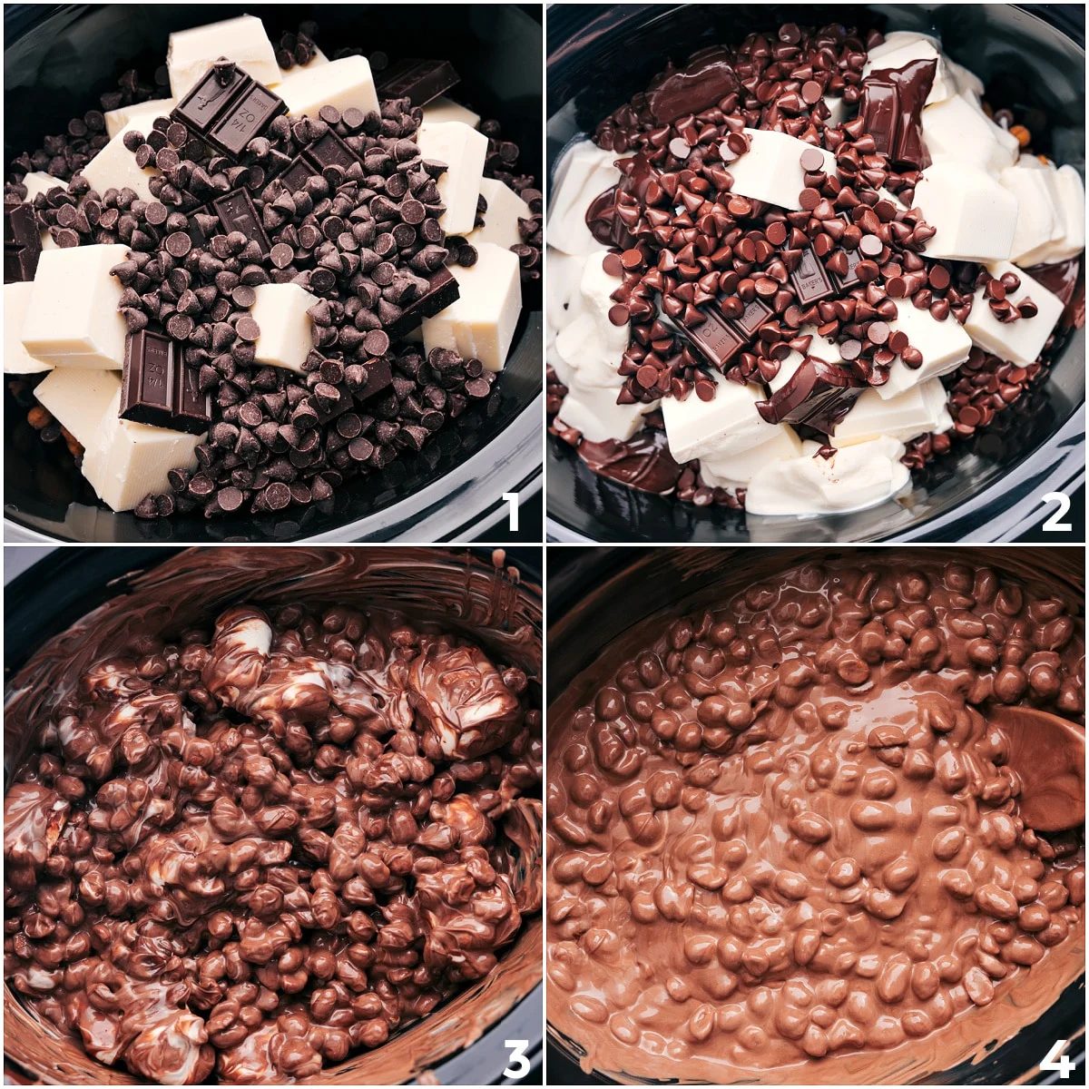 Add all the chocolate, almond bark, and honey-roasted peanuts to the slow cooker for this slow cooker candy.