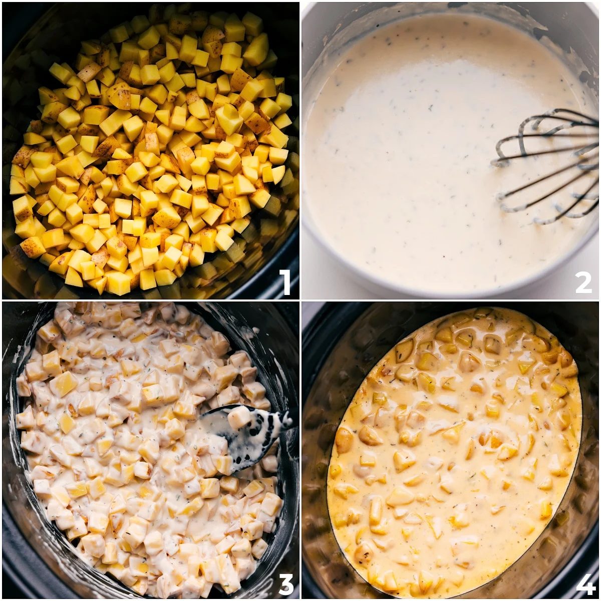 slow cooker cheesy potatoes being made with diced potatoes added to the slow cooker, a creamy cheese sauce whisked together in a pot, then poured over the potatoes before slow cooking.