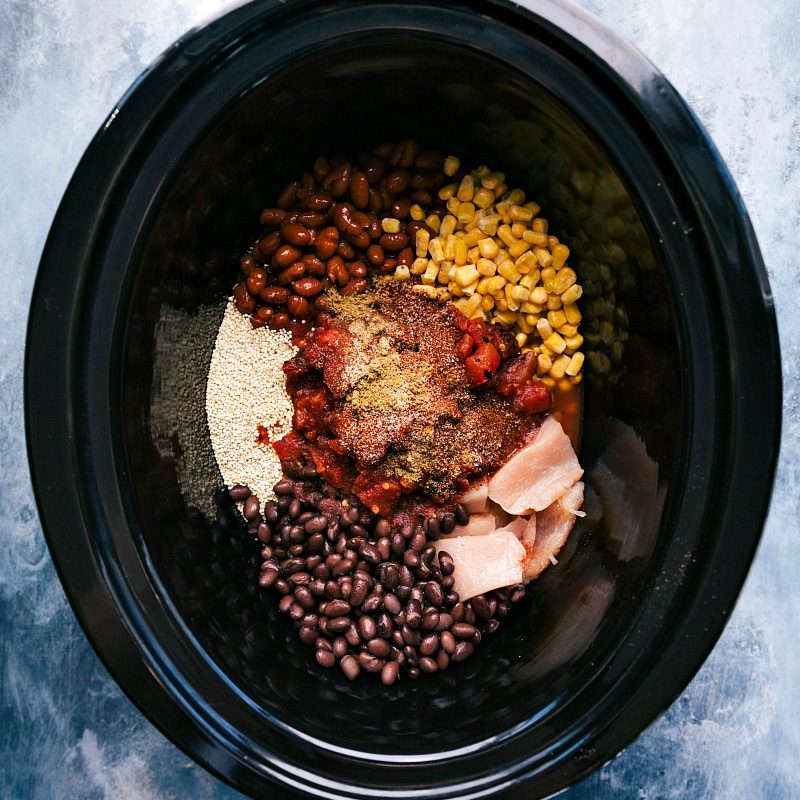 All ingredients for the warm and satisfying meal in the slow cooker, ready to be cooked.