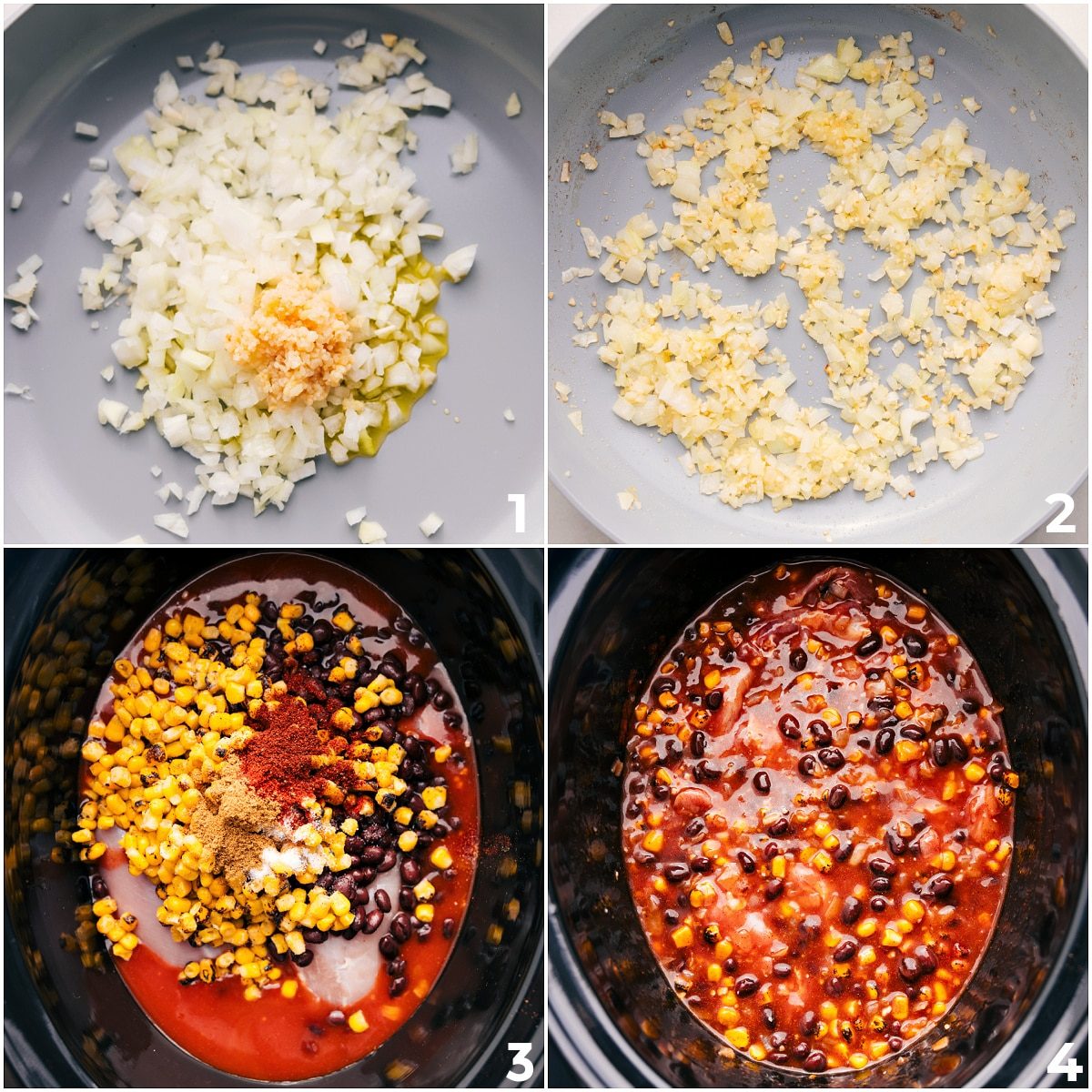 Onions and garlic are sautéed, then everything, including the onions, is added to the slow cooker for slow cooker Chicken Enchilada Casserole.