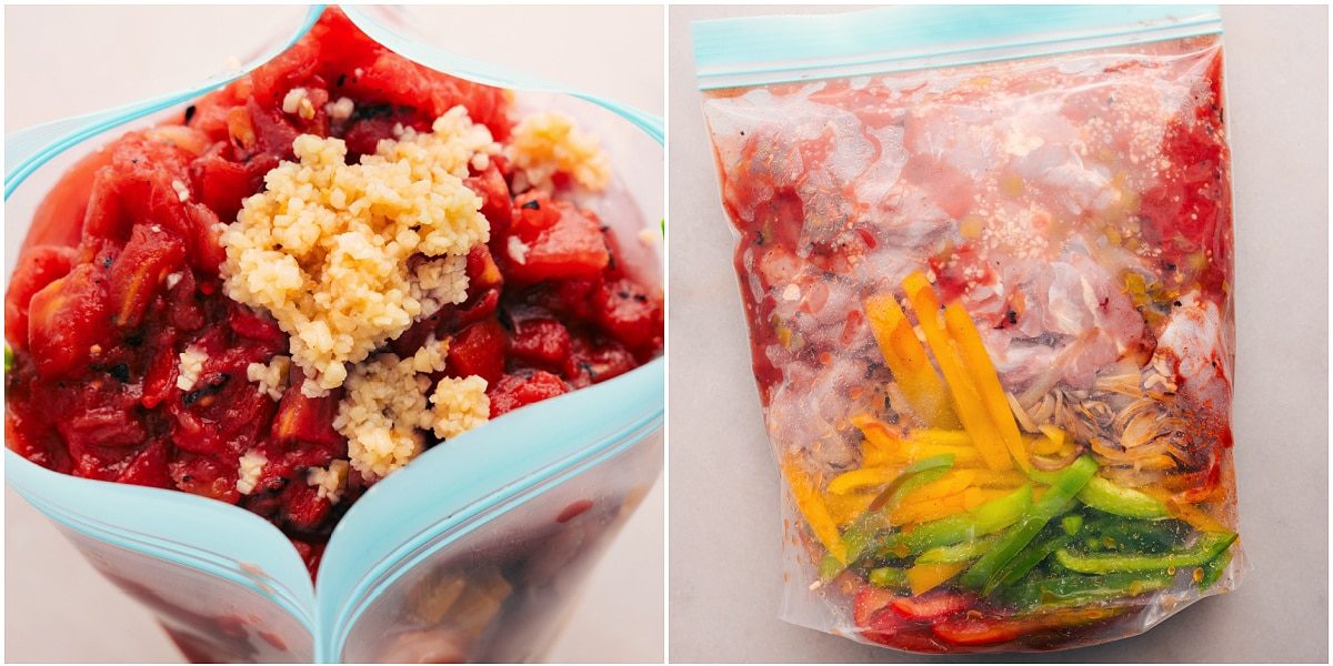 All the ingredients for slow cooker Chicken Fajitas are piled into a bag, making them a reliable freezer-friendly option.