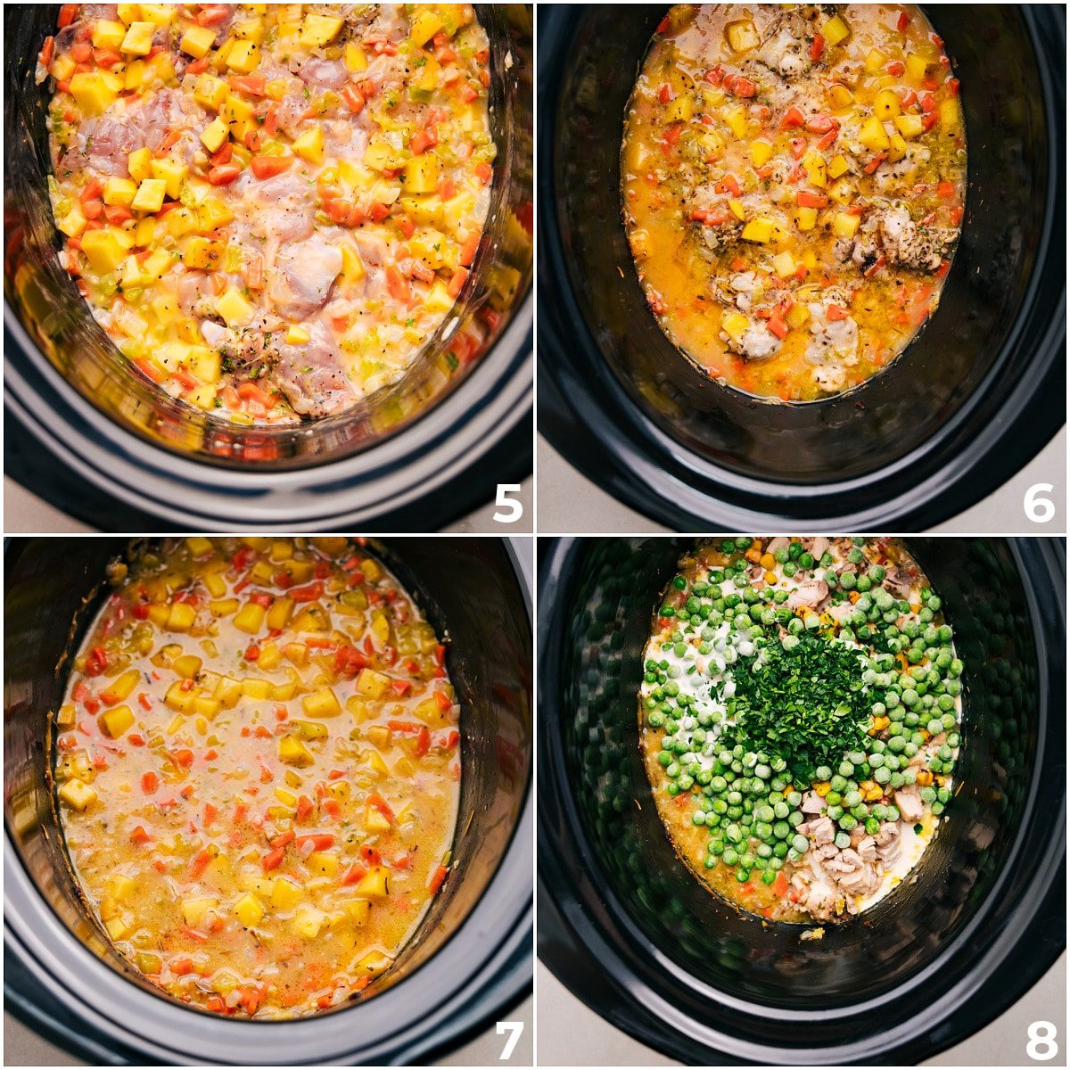 The cream sauce and chicken added to the slow cooker and it all being cooked and then the frozen peas and herbs and broth all added to the slow cooker for this slow cooker chicken pot pie.