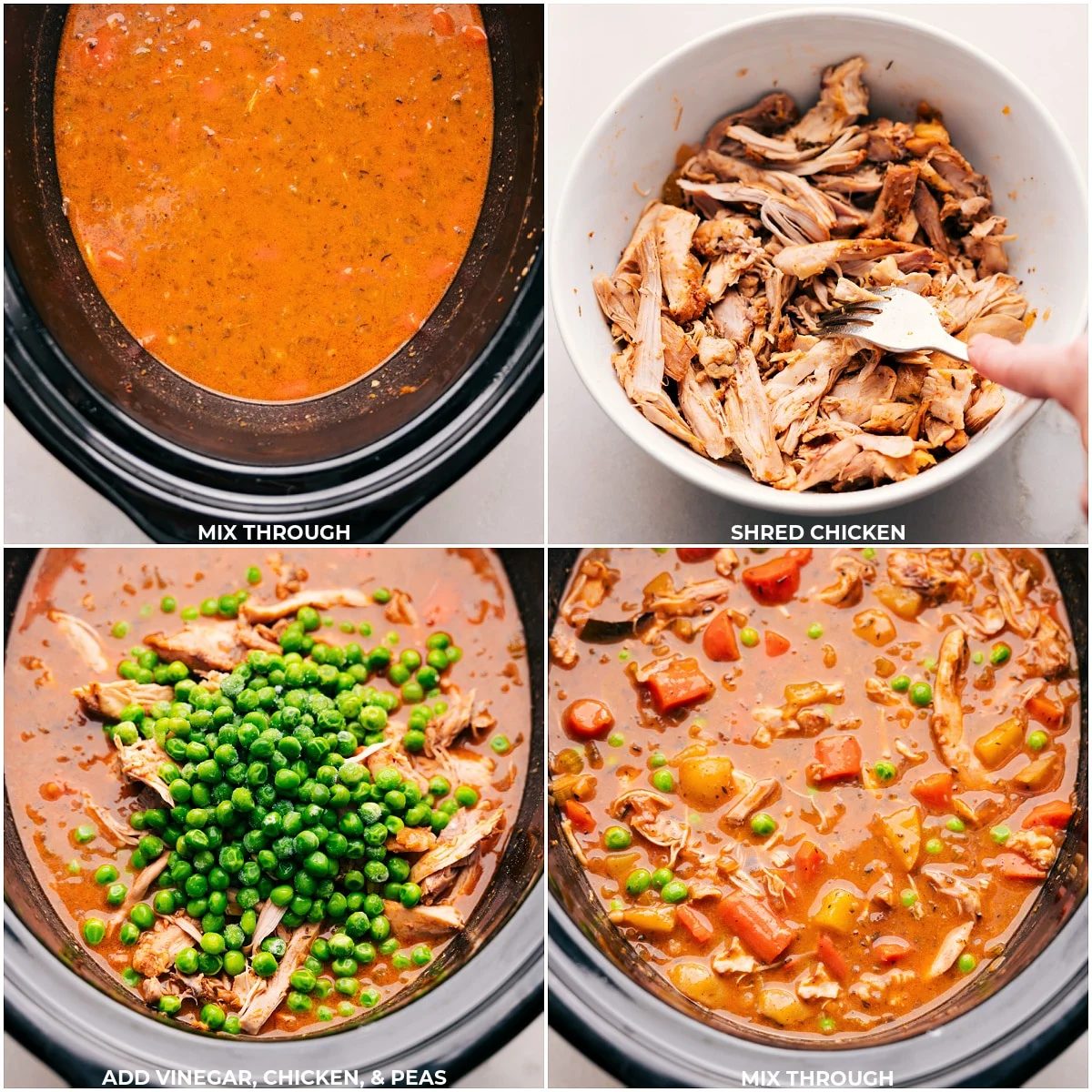 Chicken being removed from the cooked stew and shredded then added back with the vinegar and peas.
