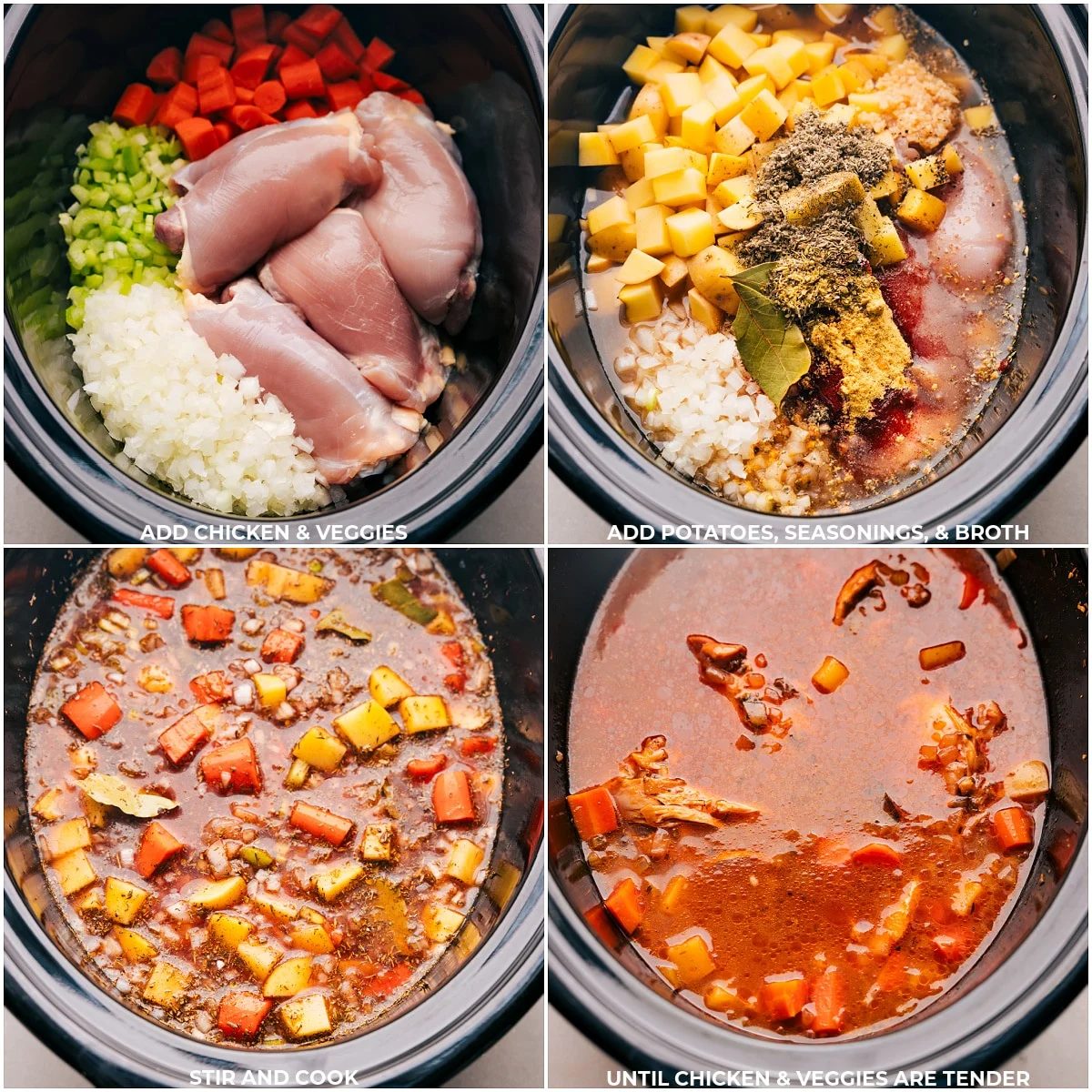 Chicken, veggies, potatoes, seasonings, and broth all being added to a slow cooker for this slow cooker Chicken Stew.