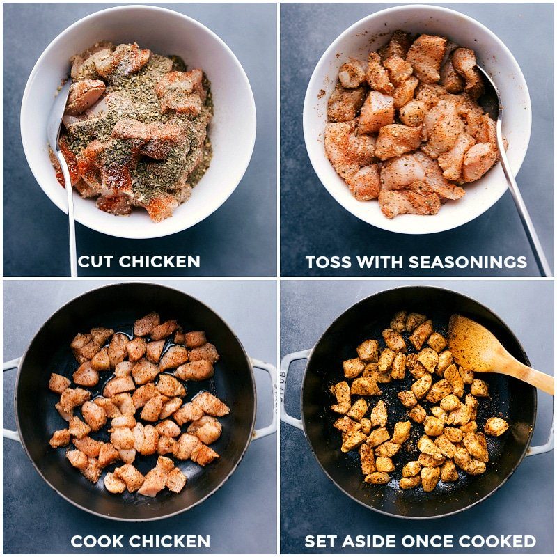 Seasoned and cut meat being cooked in a skillet and keep nearby once done.