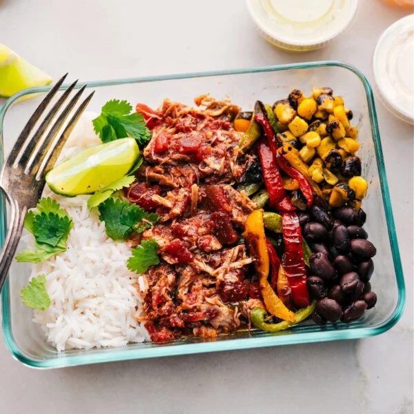 Salsa chicken slow cooker prepped out for meal prep.