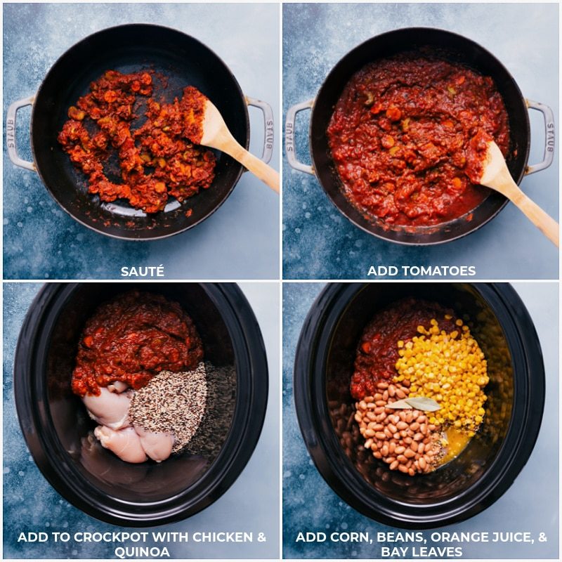 Sauté the mixture; add tomatoes, corn, beans, orange juice and bay leaves to the slow cooker for this quinoa soup.