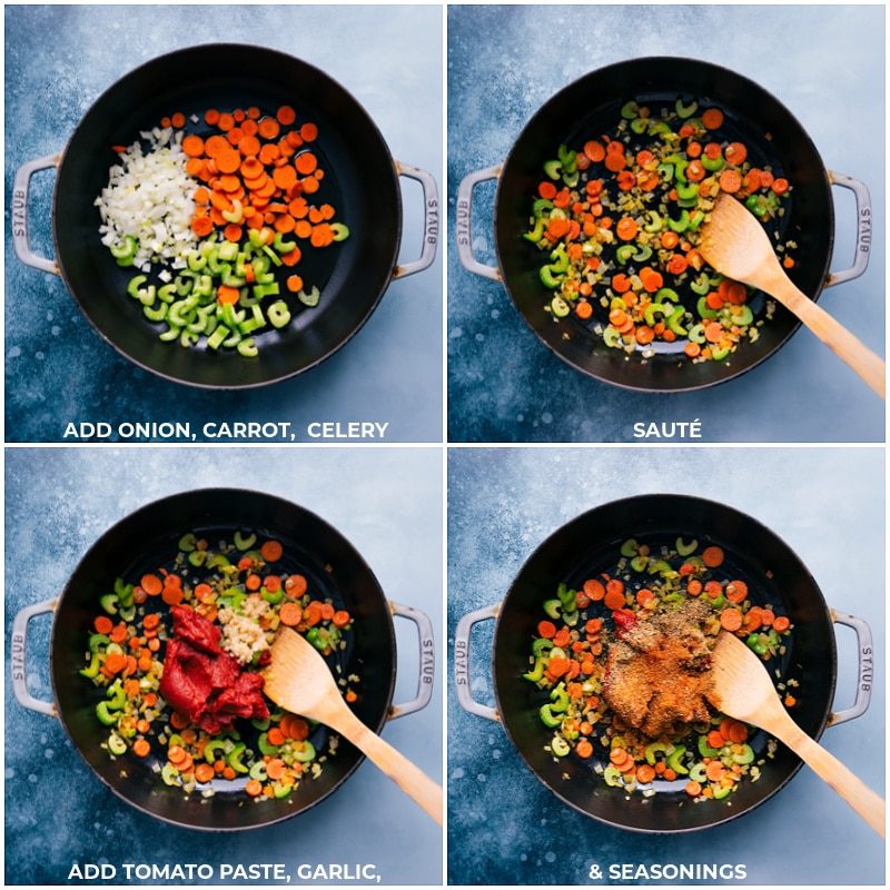 Process shots: Saute onion, carrot and celery; add tomato paste and garlic, plus seasonings.