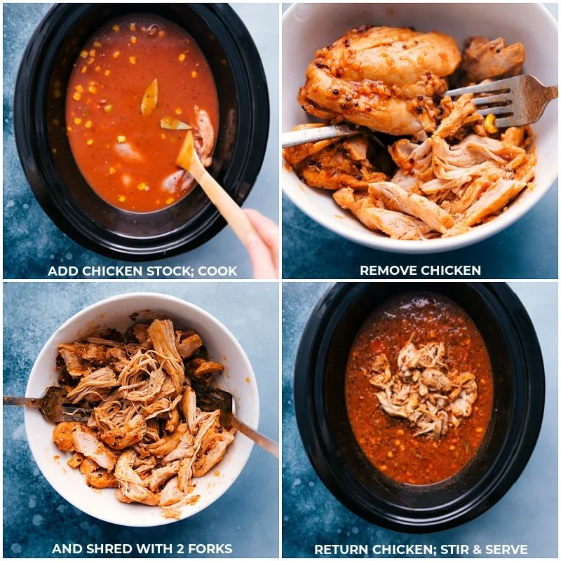 Process shots: add chicken stock; remove chicken and shred; return to the pot.