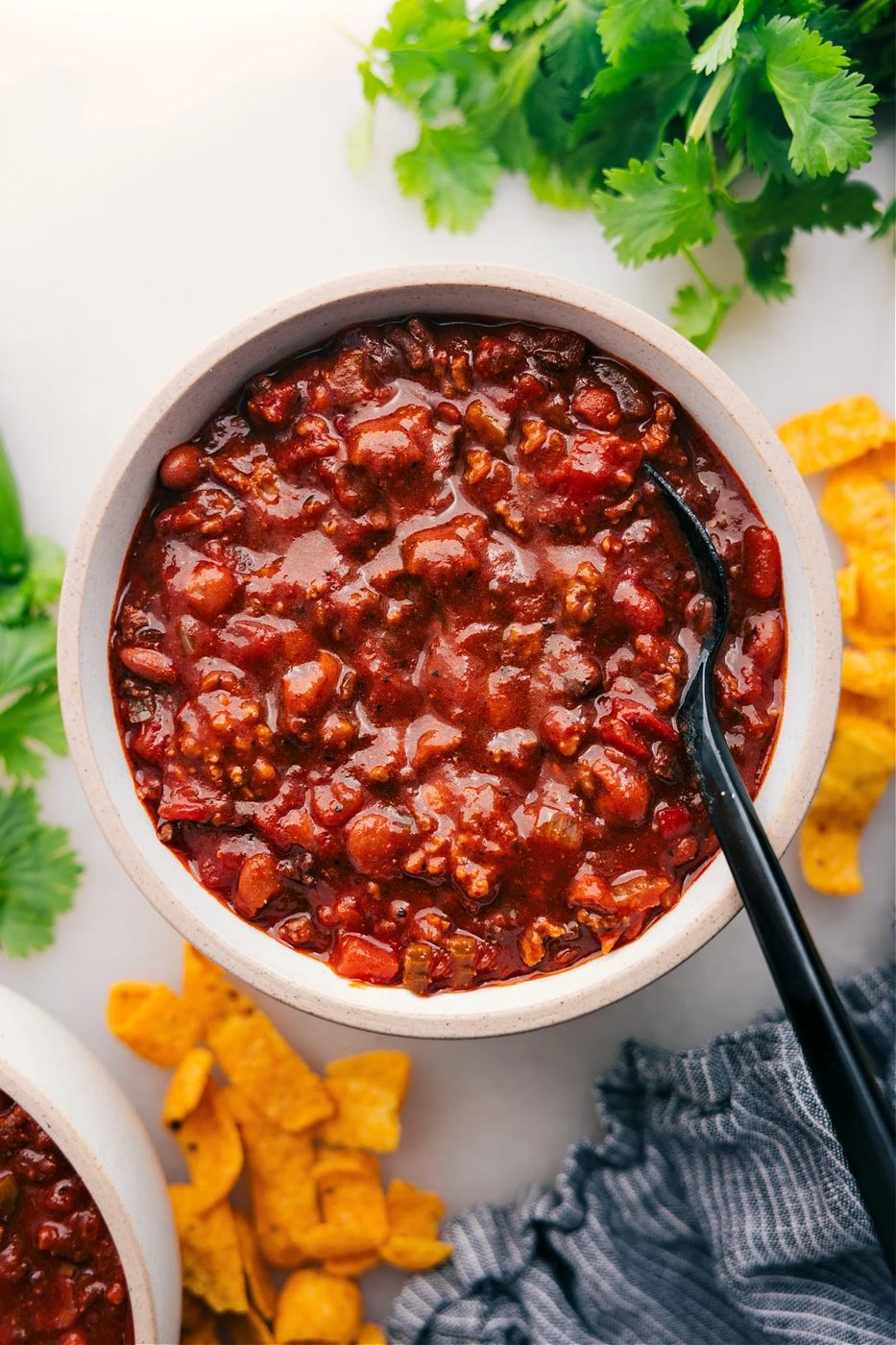 The satisfying slow cooker chili served up in a bowl.