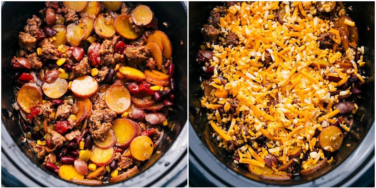The slow cooker cowboy casserole slow-cooks, and then I sprinkle cheese on top. Everything cooks to tender perfection.