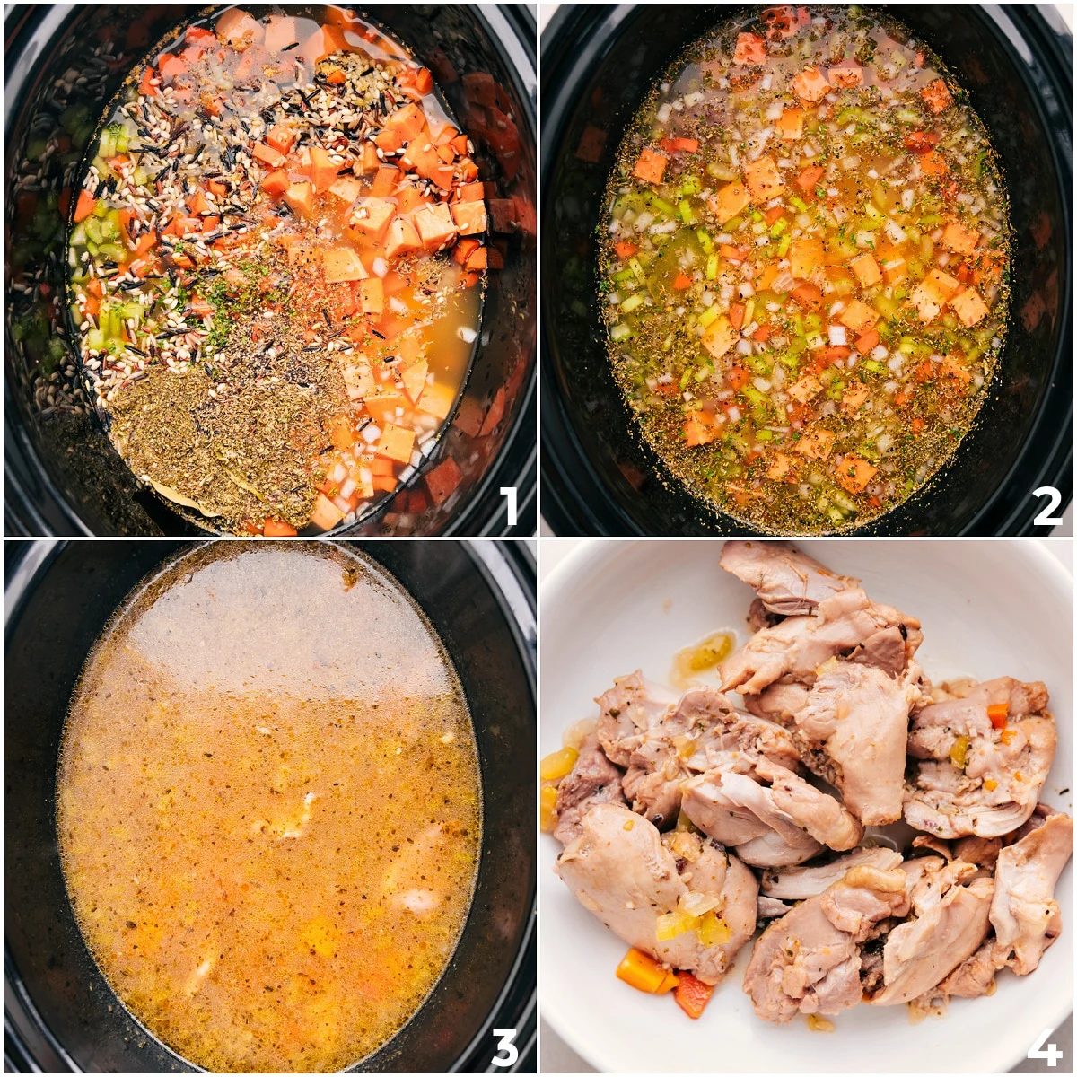 Add all the ingredients for this slow cooker Chicken Wild Rice Soup to the slow cooker. Remove the meat after cooking to shred.