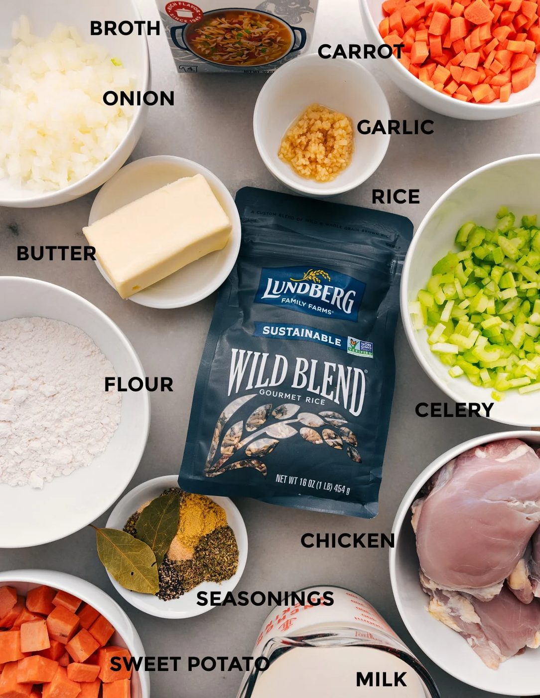 Prep all the ingredients for this recipe, including meat, seasonings, veggies, flour, butter, milk, rice blend, and broth, for straightforward assembly.