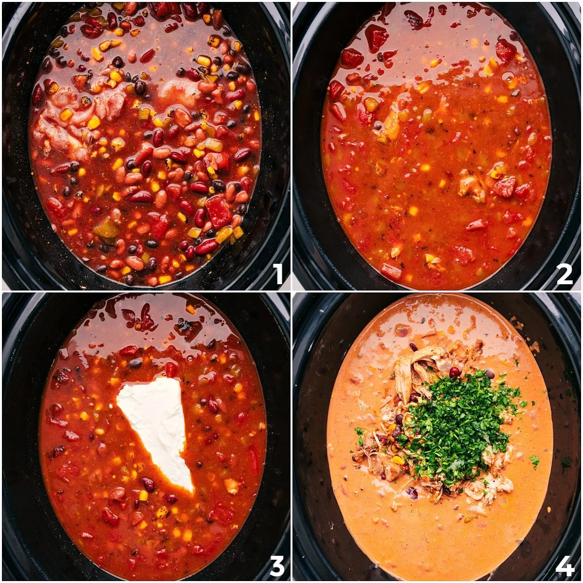 All the ingredients are added to the slow cooker and cooked together, then cream cheese and fresh herbs are stirred in to finish this Chicken Taco Chili.