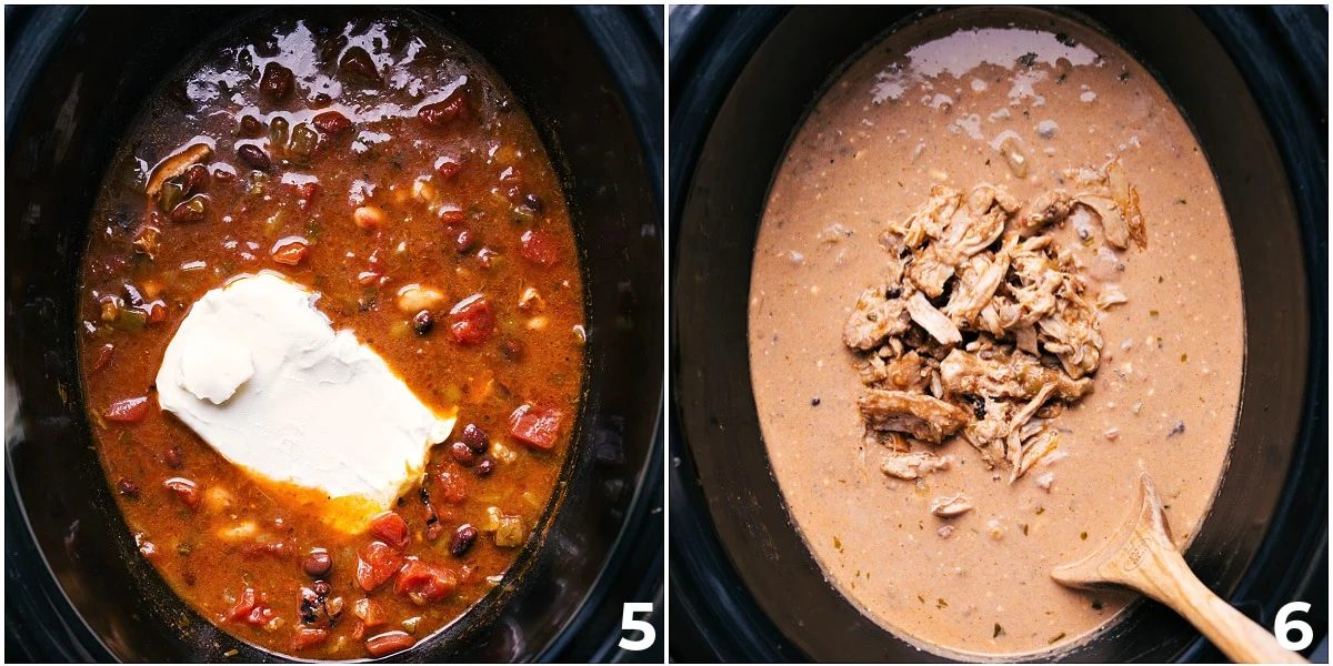 Cream cheese is added to the slow cooker, along with the shredded, cooked meat.