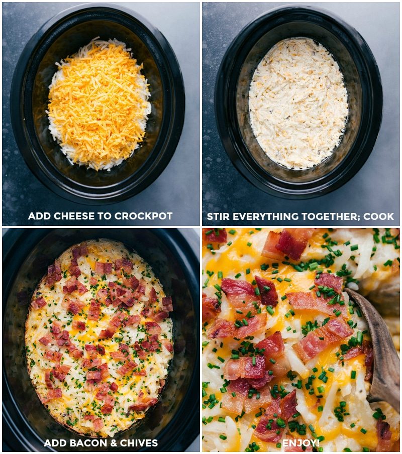 Adding cheese to the slow cooker mix for the slow cooker hashbrown casserole, stirring, cooking, then topping with bacon and chives, with the finished dish ready to serve.