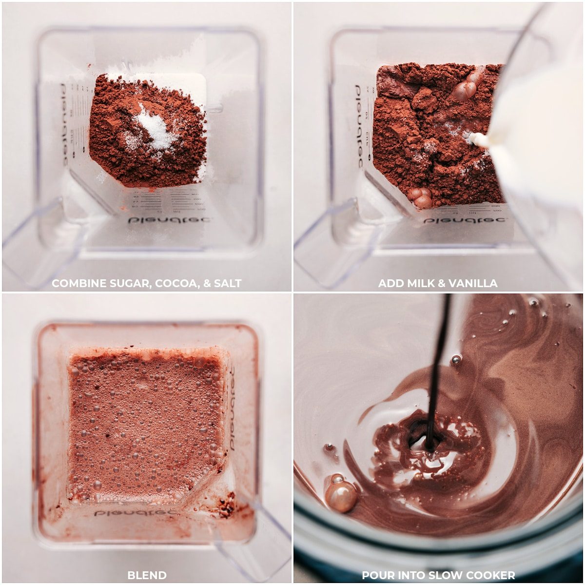 Blender filled with sugar, cocoa, salt, milk, and vanilla, to be added to a slow cooker for the creation of slow cooker Hot Chocolate.