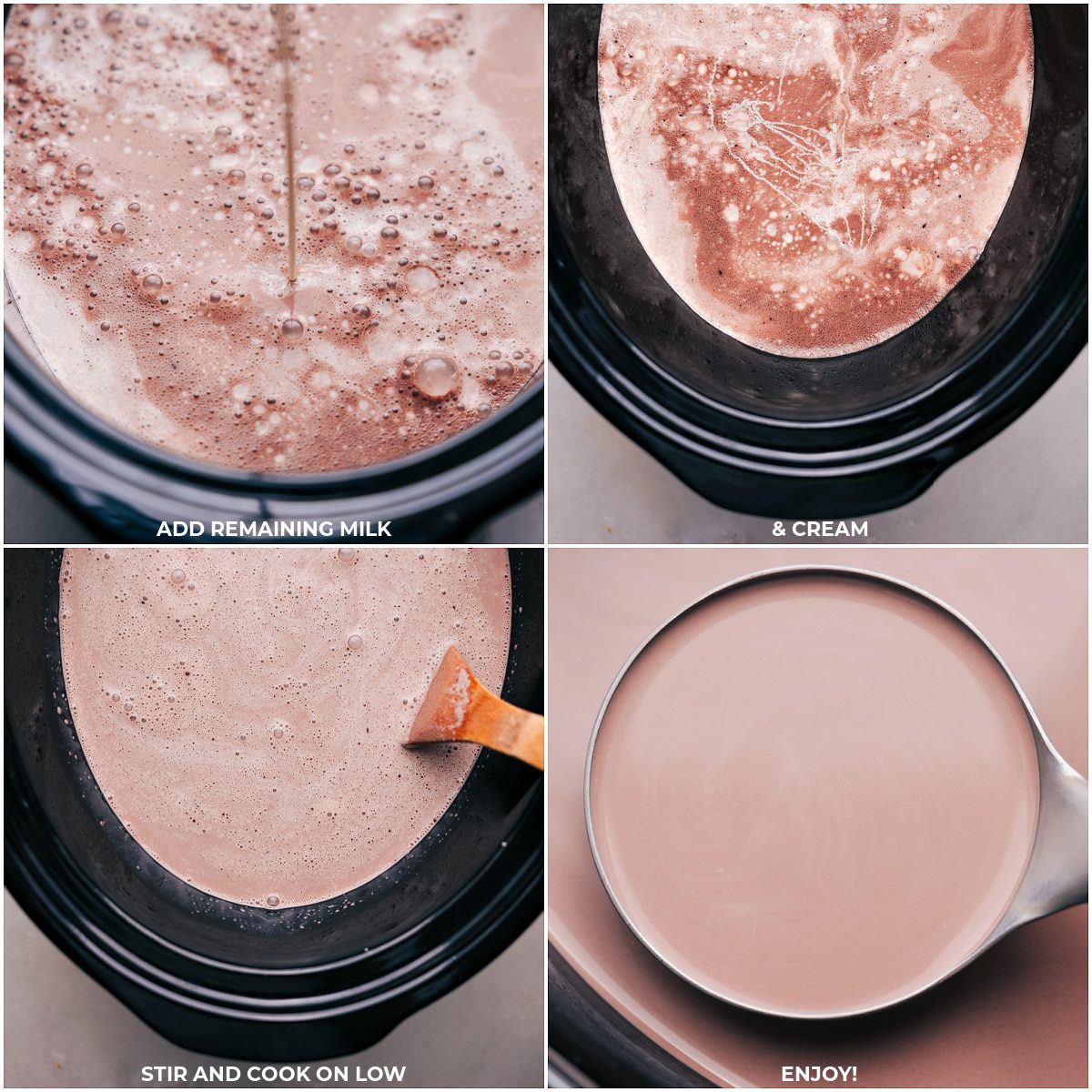 Remaining milk and cream being added to the slow cooker, followed by stirring and cooking on a low burner to complete the hot chocolate.