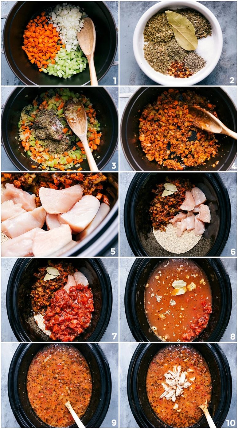 Ingredients, including vegetables, chicken, and quinoa, being added to a slow cooker, and being stirred together before cooking.