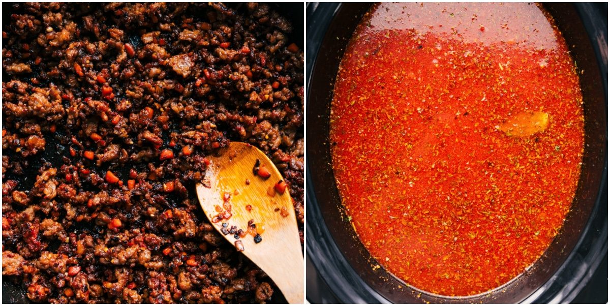 Browned sausage added to the slow cooker with the rest of the ingredients for slow cooker lasagna soup.