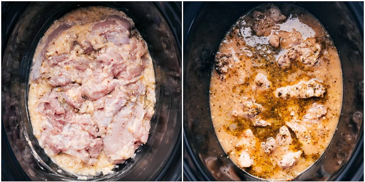 All the ingredients for slow cooker Marry Me Chicken added to the slow cooker to cook.