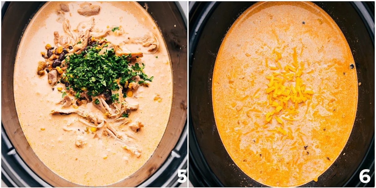 Add the chicken back into the slow cooker with cheese and fresh herbs.