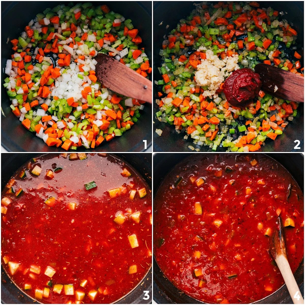 Vegetables sautéed with garlic and tomato paste before adding broth for this Olive Garden Minestrone Soup recipe.