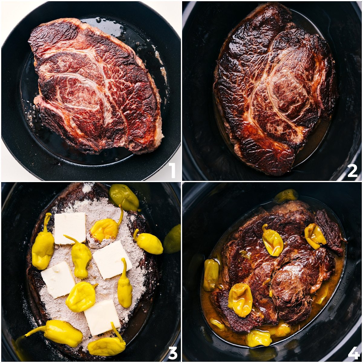 The roast is seared, then added to the slow cooker with butter, the seasoning mixes, and pepperoncini for this slow cooker Mississippi Pot Roast.