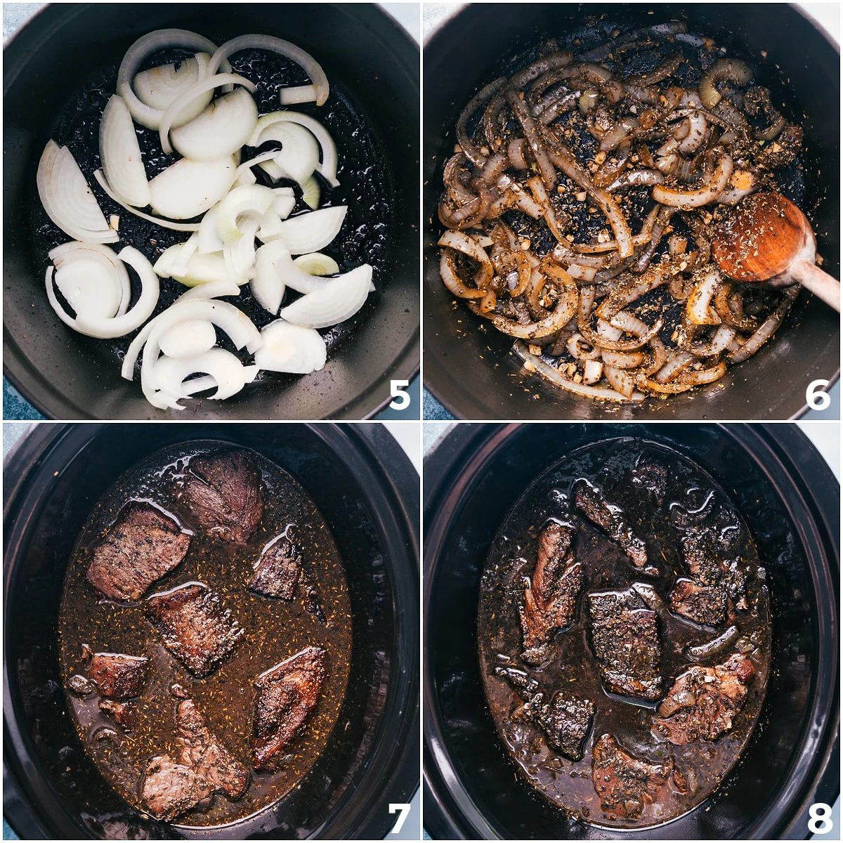 Sauté the onions and garlic, then add them to the slow cooker with the beef and broth for this slow cooker roast recipe.