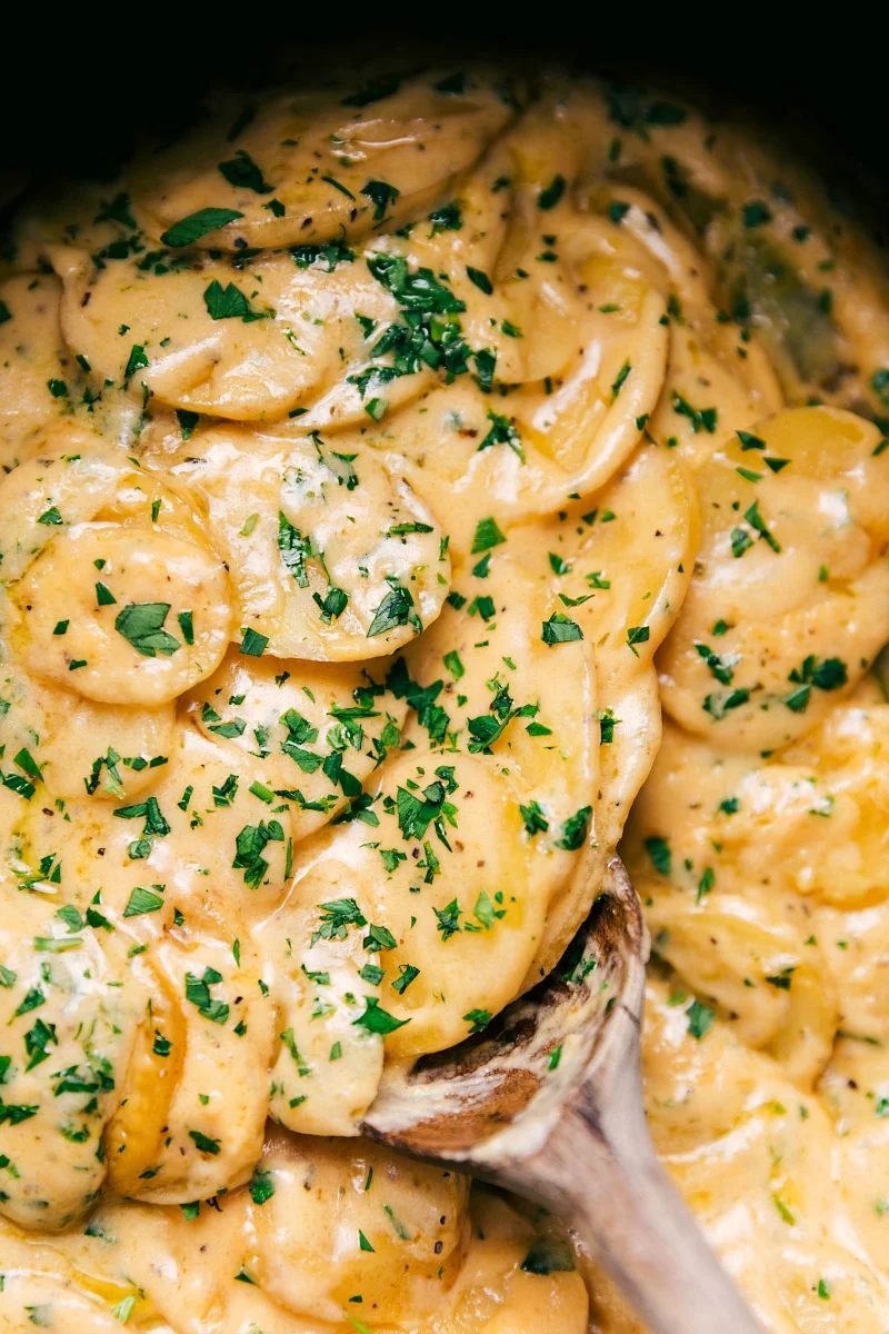 Overhead image of the slow cooker Au Gratin Potatoes
