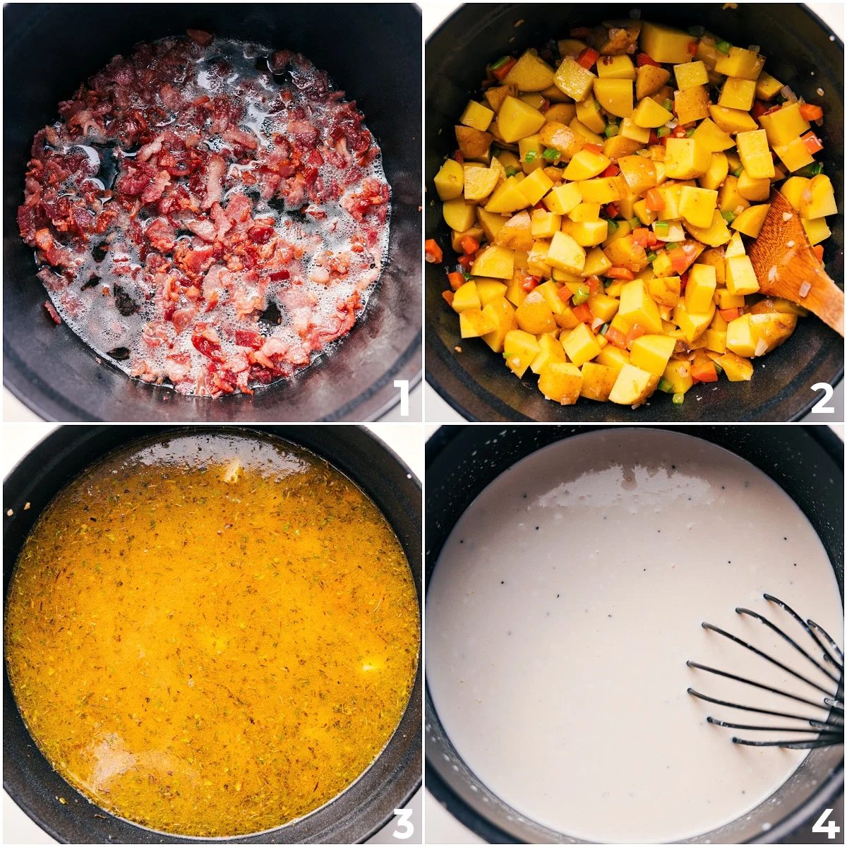 Bacon cooking in a pot, followed by sautéed veggies with broth and cream added to simmer for Loaded Potato Soup.