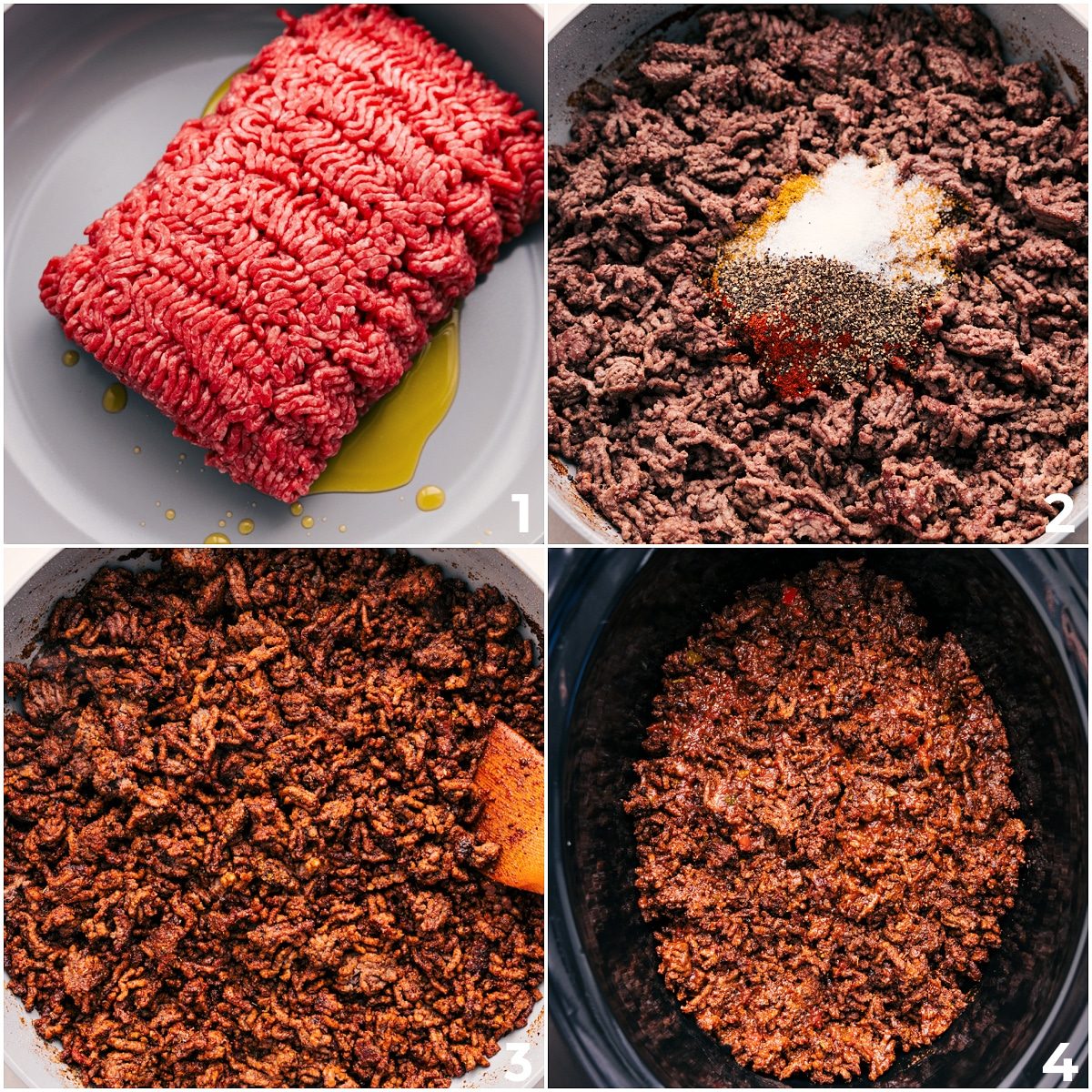 The ground beef browning, seasonings added, and everything going into the slow cooker for this slow cooker Taco Meat.