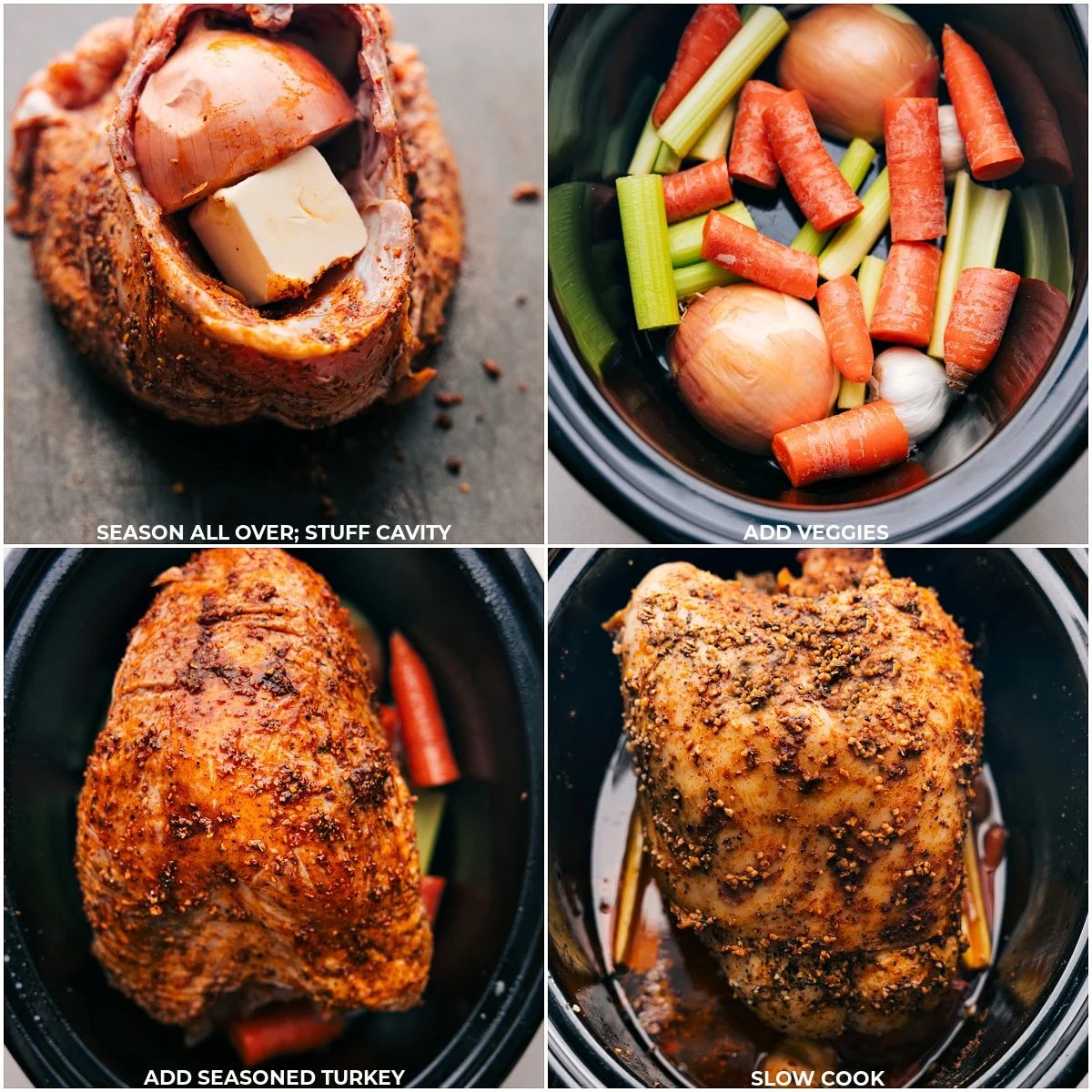 Seasoning the turkey all over, stuffing the cavity, adding vegetables to a slow cooker, and placing the turkey on top for slow cooking the satisfying turkey breast in slow cooker.