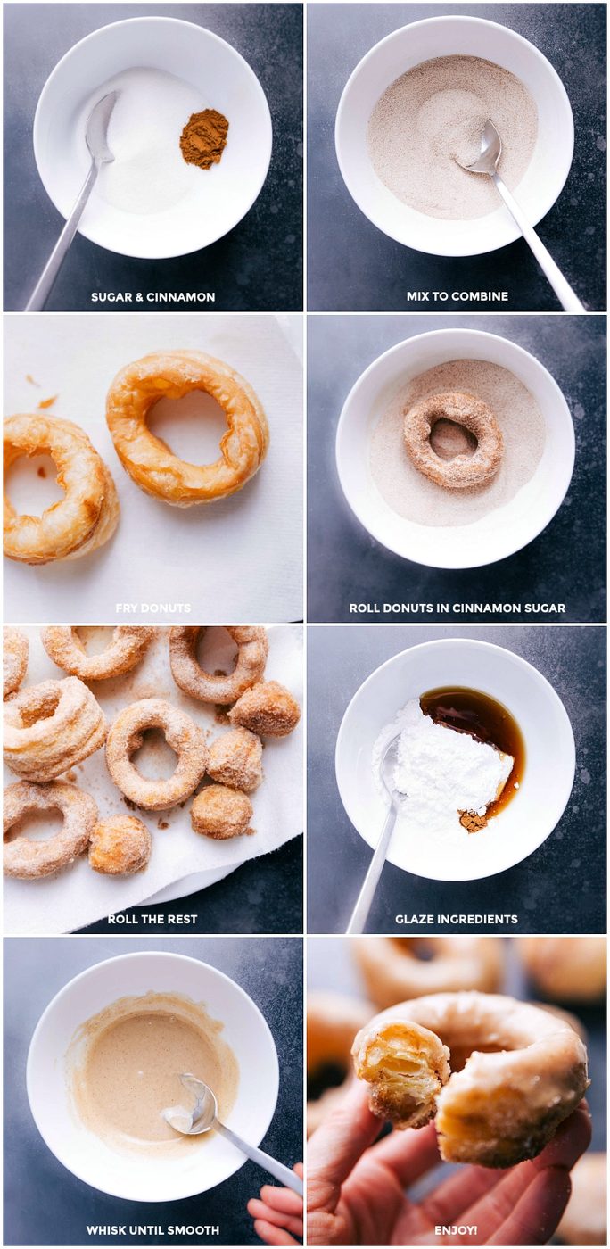 Frying pastry, rolling in cinnamon-sugar, and drizzling the cronuts with a satisfying glaze.