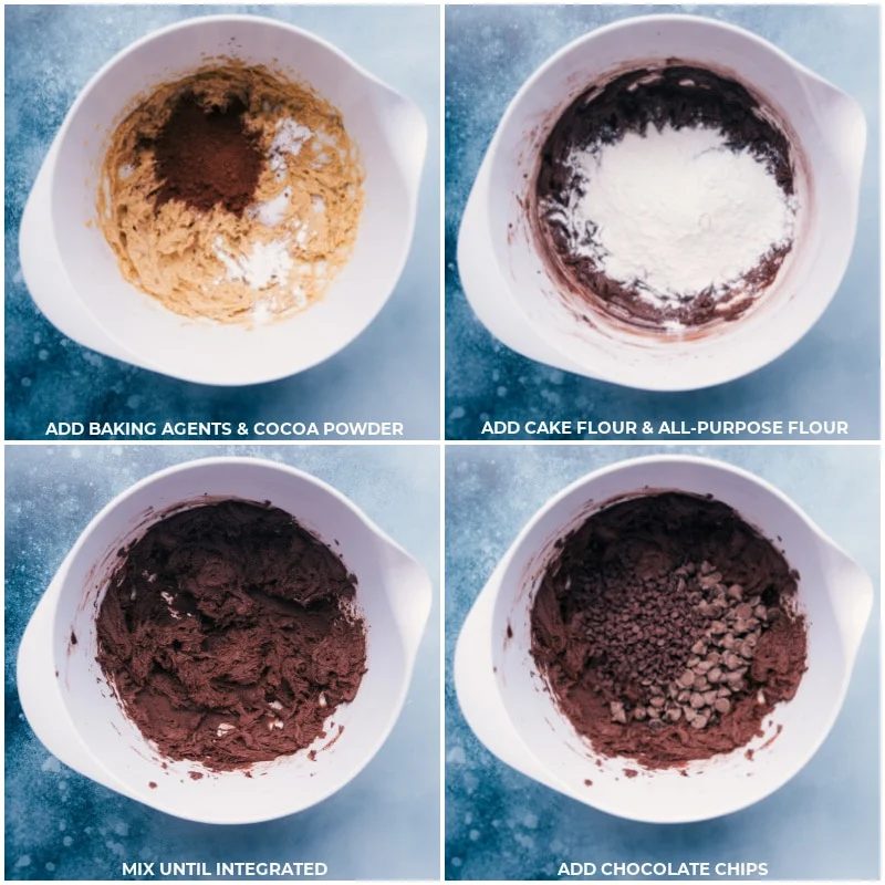 The baking agents, cocoa powder, flours, and chocolate chips being added and mixed together for these Crumbl Oreo Cookies.