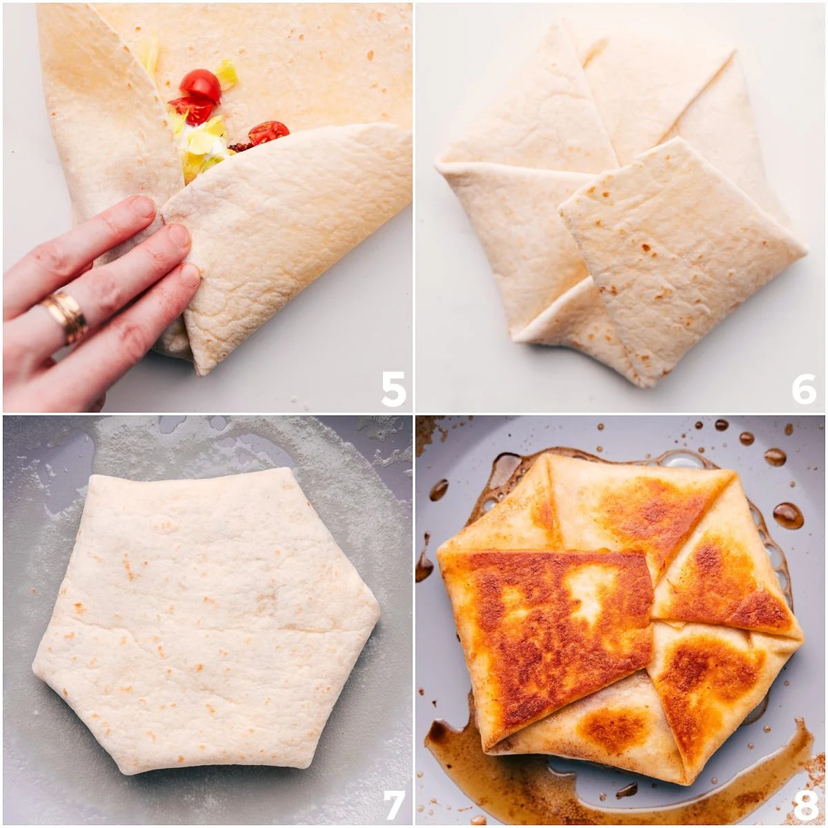 Folding the Crunchwrap Supreme recipe into that signature shape, then cooking on both sides until the edges turn golden and crisp to seal it shut.