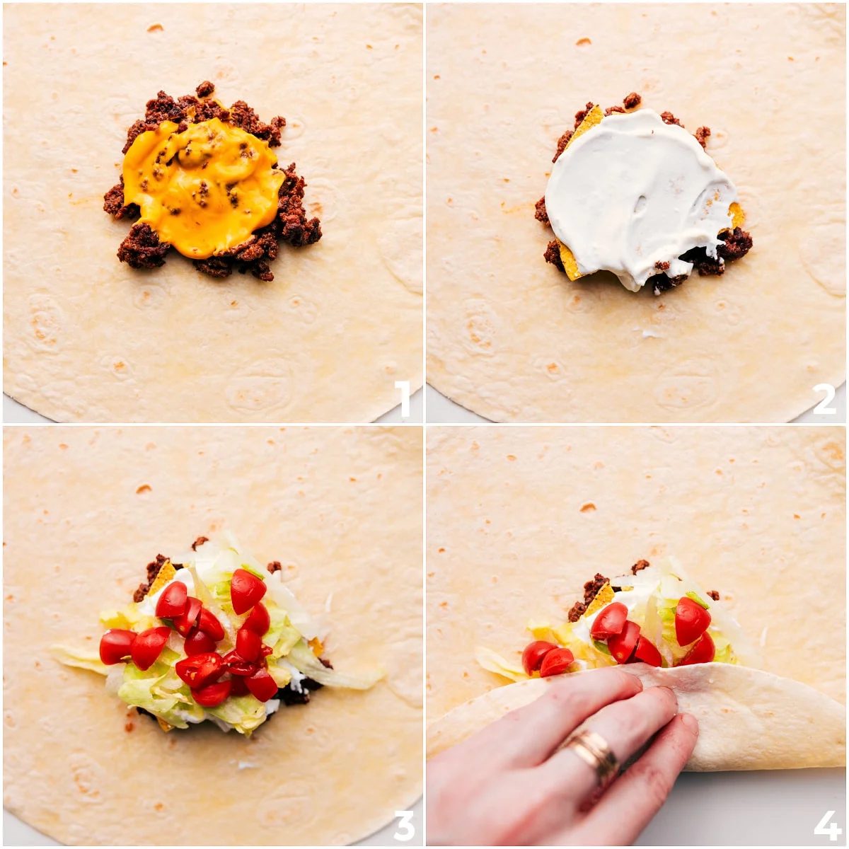 Assembling everything by adding ground beef, nacho cheese, sour cream, lettuce, and tomatoes in a tortilla.
