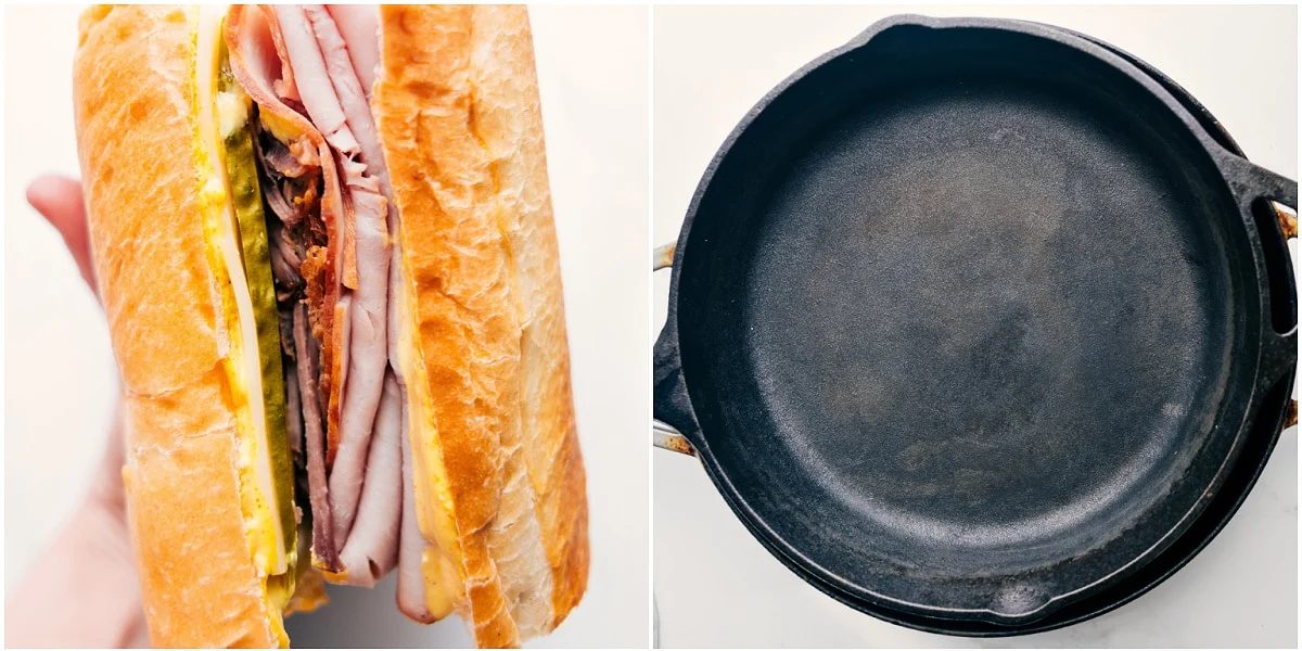The sandwich being assembled and then pressed between two skillets to get the classic look and flavor.