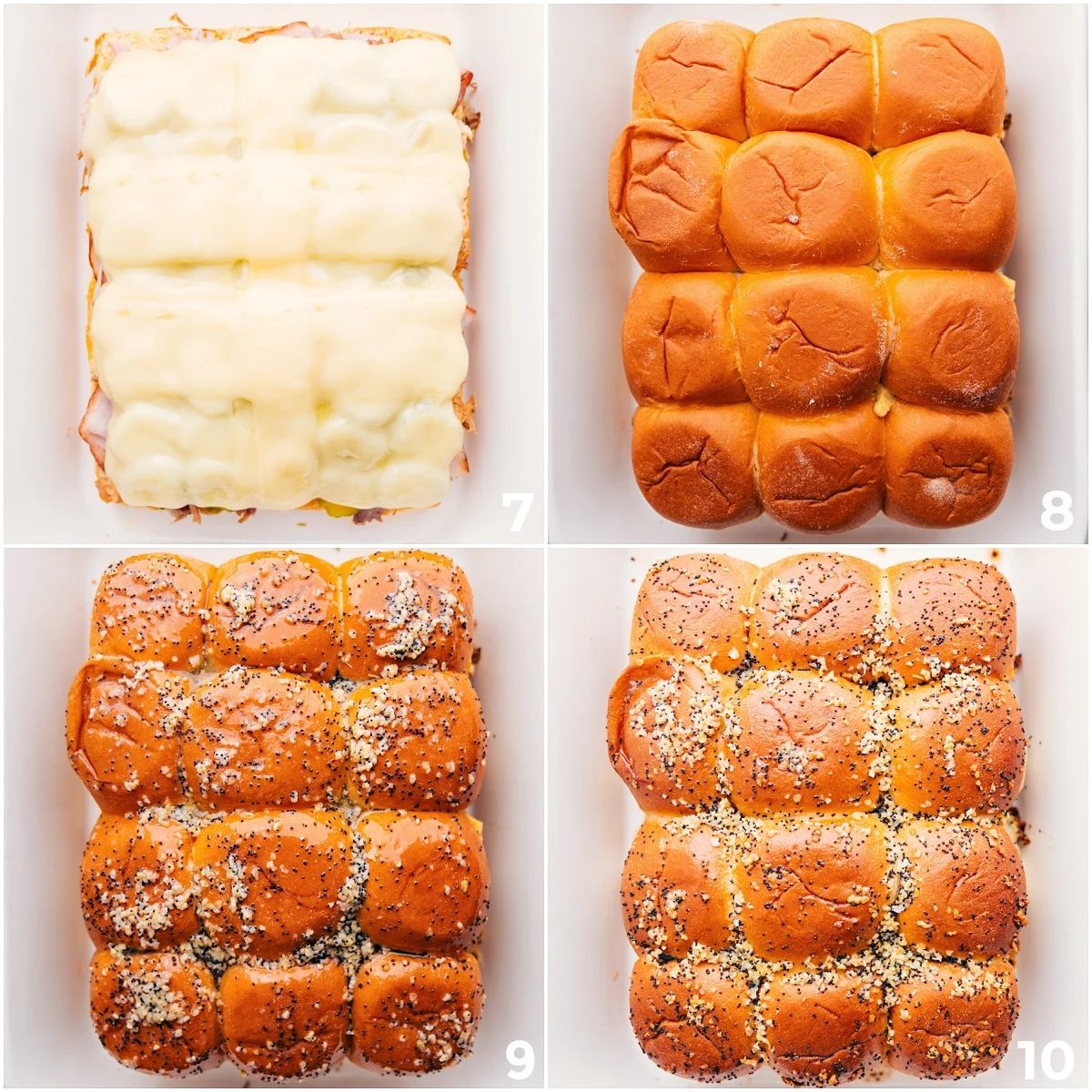 Add cheese on top of the meat layers. Place the top rolls on the cheese, then brush with the butter mixture. Bake everything until the edges turn golden and bubbly for satisfying Cuban sliders.