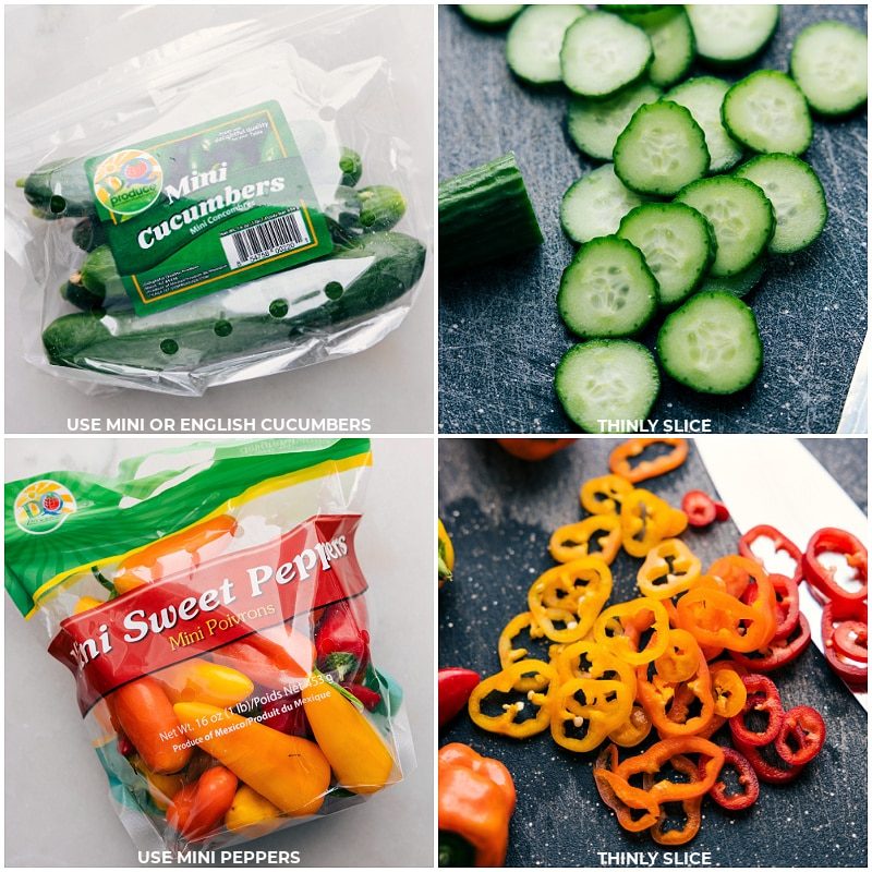 Cucumbers and peppers being chopped to add to the dish.