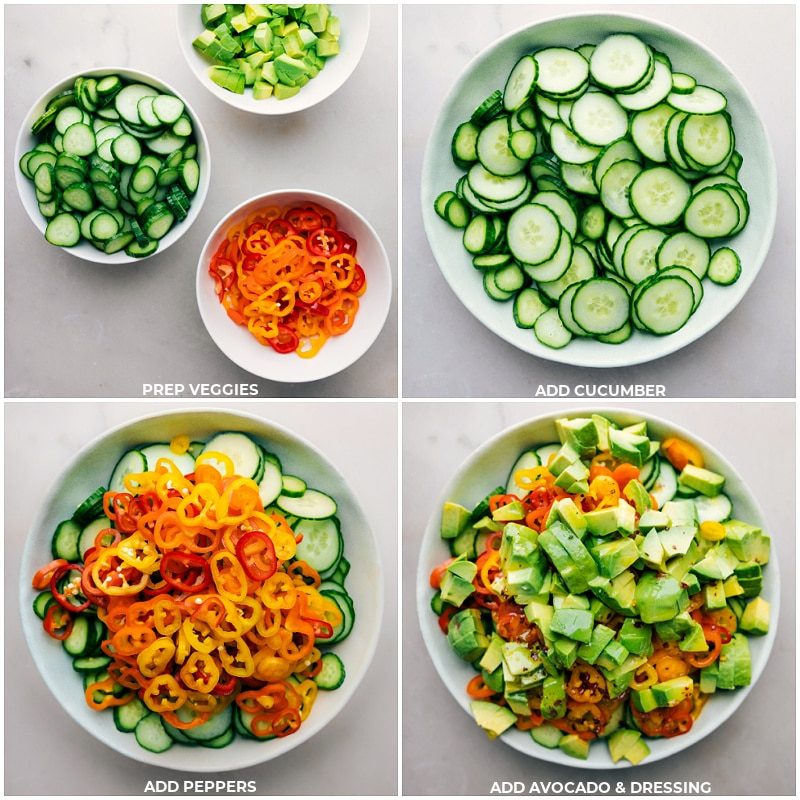 All the veggies being combined and the dressing being poured over it.