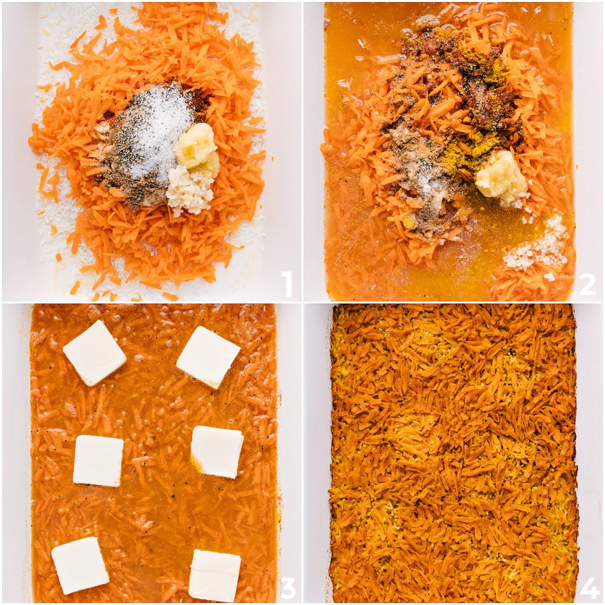 Ingredients in a 9x13 baking dish being mixed together for one pan curry rice.