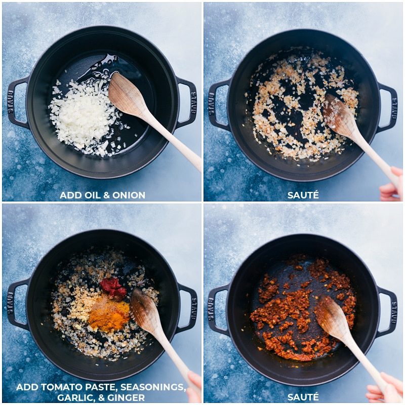 Sauté onion in oil; add tomato paste and seasonings; continue to sautée.