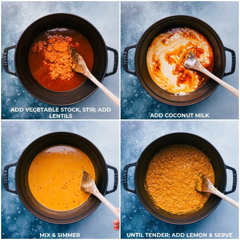Add vegetable stock to the pan and mix in lentils; add coconut milk; mix and simmer until tender for this Daal recipe.