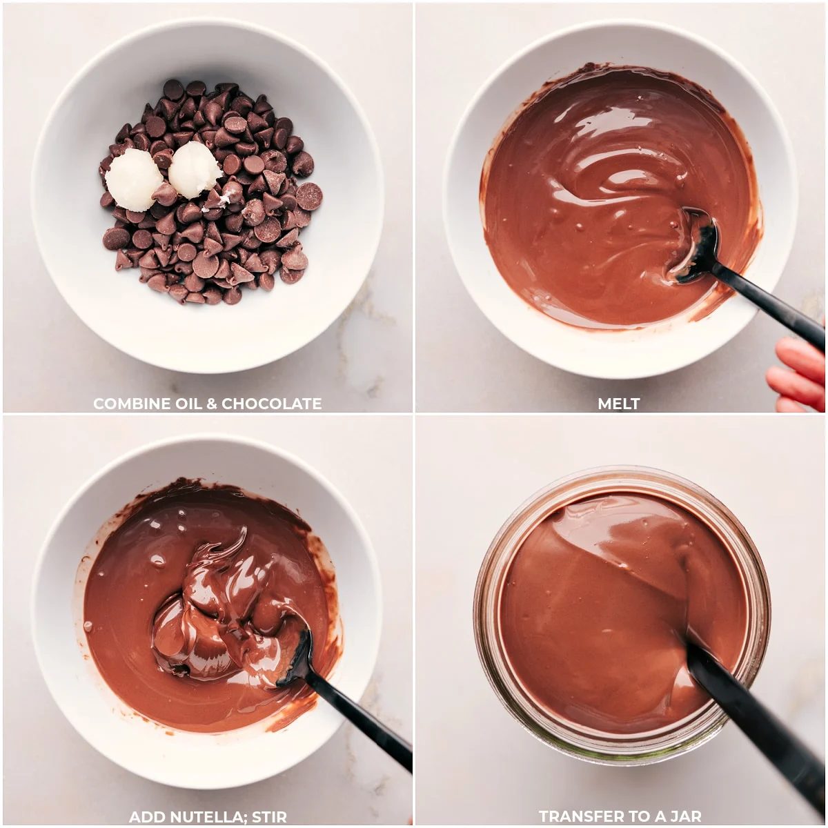 Chocolate chips melting, transforming from solid morsels to a smooth, glossy liquid.