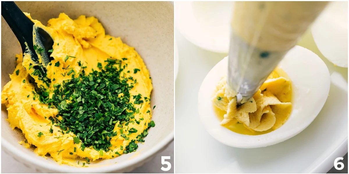 Mix fresh herbs into the mixture, then pipe it into the egg.