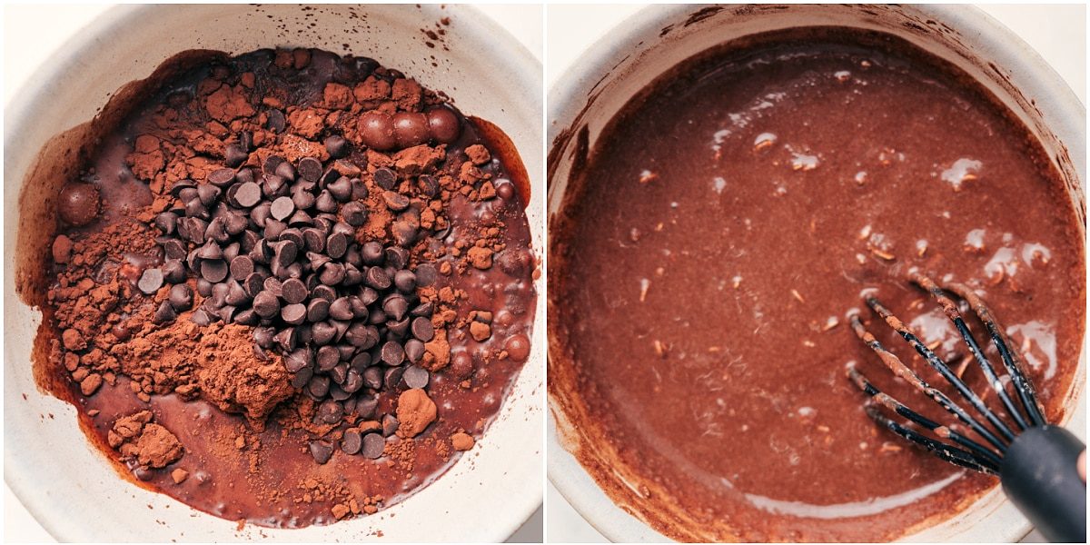 Whisking the ingredients for Brownie Batter Overnight Oats together in a bowl before chilling.