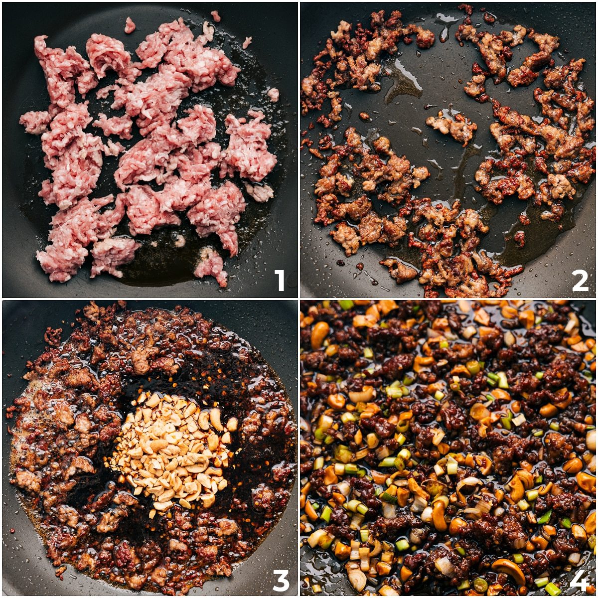 The pork being browned and the cashews and green onions along with the sauce being sauteed.