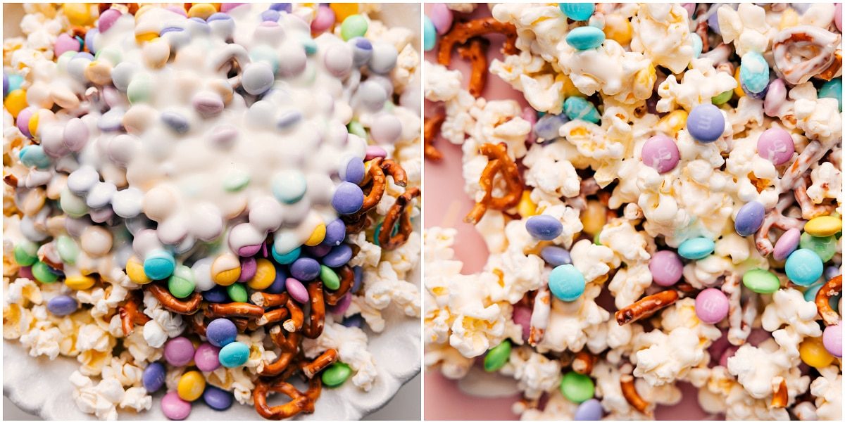 All the ingredients for this Easter popcorn mixed together in a large bowl.